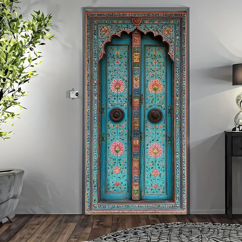 Ethnic Handcrafted Door Decor Tapestry Rajasthan Style Floral Pattern Turquoise Blue Wall Art Modern Bohemian Interiors