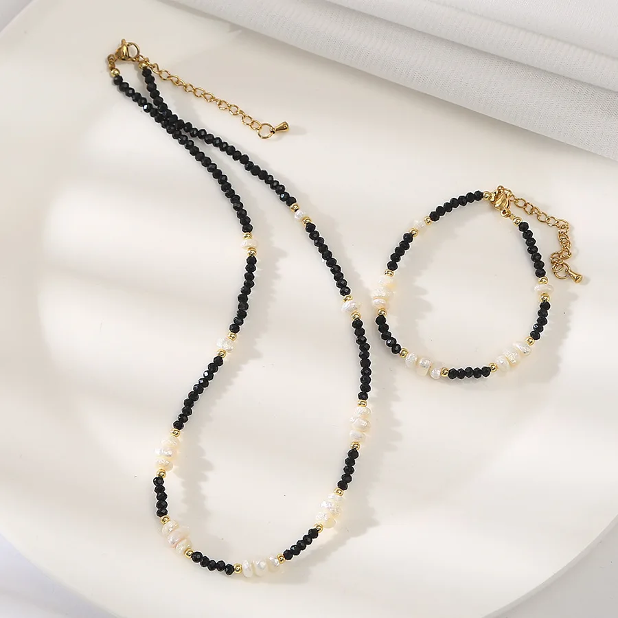 100% Natural Freshwater Pearl & Black Spinel Stone 14K Gold Filled Female Jewelry Set For Women Necklace Bracelet Birthday Gifts