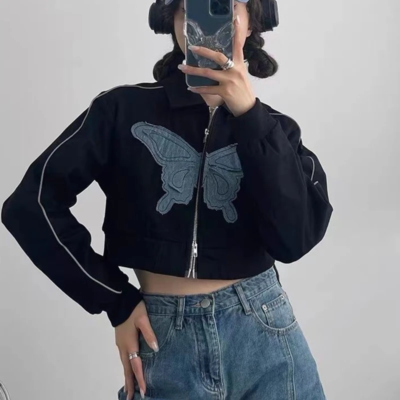 Women Spring Autumn Cool Black Short Jackets 2023 Fashion Hip Hop Butterfly Zipper Coats Lady Streetwear Crop Tops New Outerwear