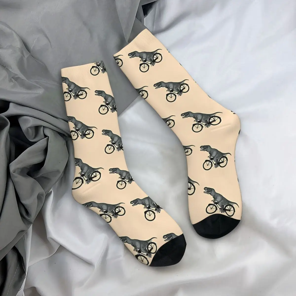 Funny Happy Sock for Men Bike And T Rex Dinosaur Silhouettes Vintage Riding Breathable Pattern Printed Crew Sock Seamless Gift