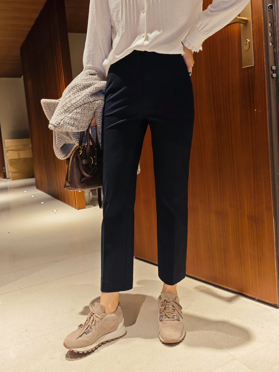 

High Densi Elastic Knitted Fabric Fce Lined Faion Nine Point West Pants Women's Busin Casual Trousers mid Waist Lon...