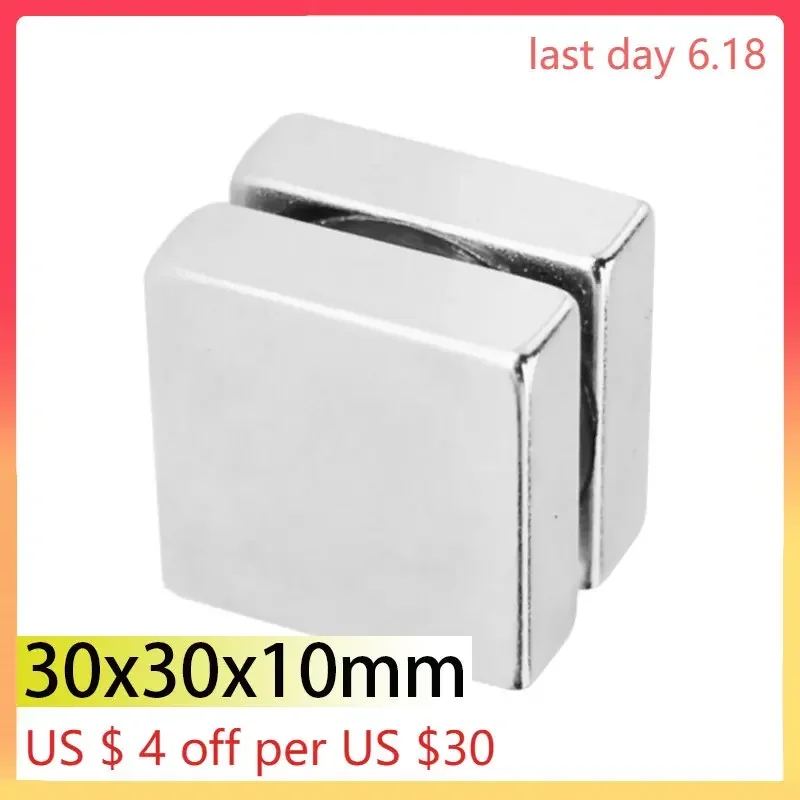 N35 30x30x10 Rectangle Square Neodymium Bar Block Strong Magnet Ebike Rare Earth Motor Search Magnetic Bar for Toy Glass Ndfeb