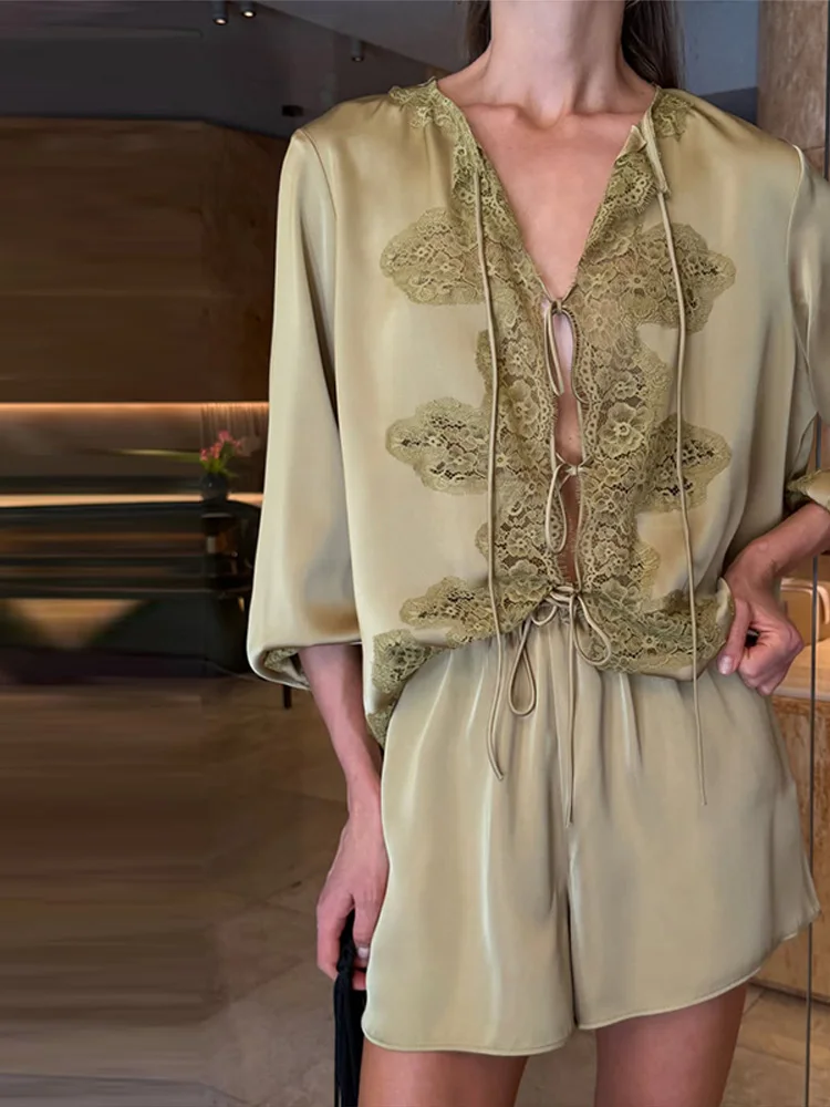 Casual Lace Stain Patchwork Shirt Shorts Suit Women Loose Full Sleeve V-neck Lace Up Shirt High Waist Bottom 2026 Summer New view 4