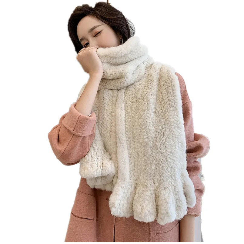 

Lady Luxury Genuine MInk Fur Shawl Scarf Winter Shawl with Falbala Fluffy Women Ponchos White Neck Warmer