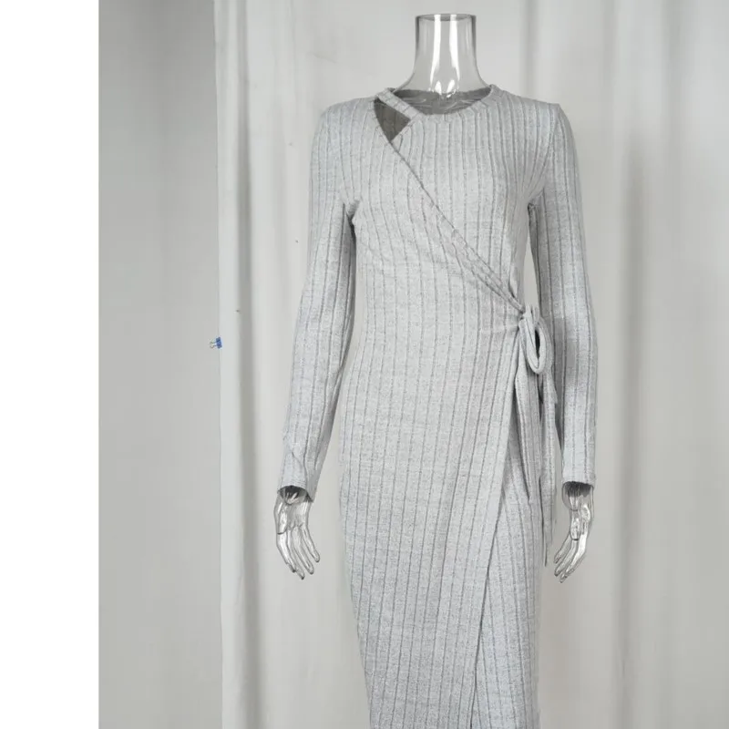 Elegant Women\'s Solid Color Knitted Sweater Dress Round Neck Long Sleeve Lace Knitted Slimming Split Dress Autumn 2024 New Item