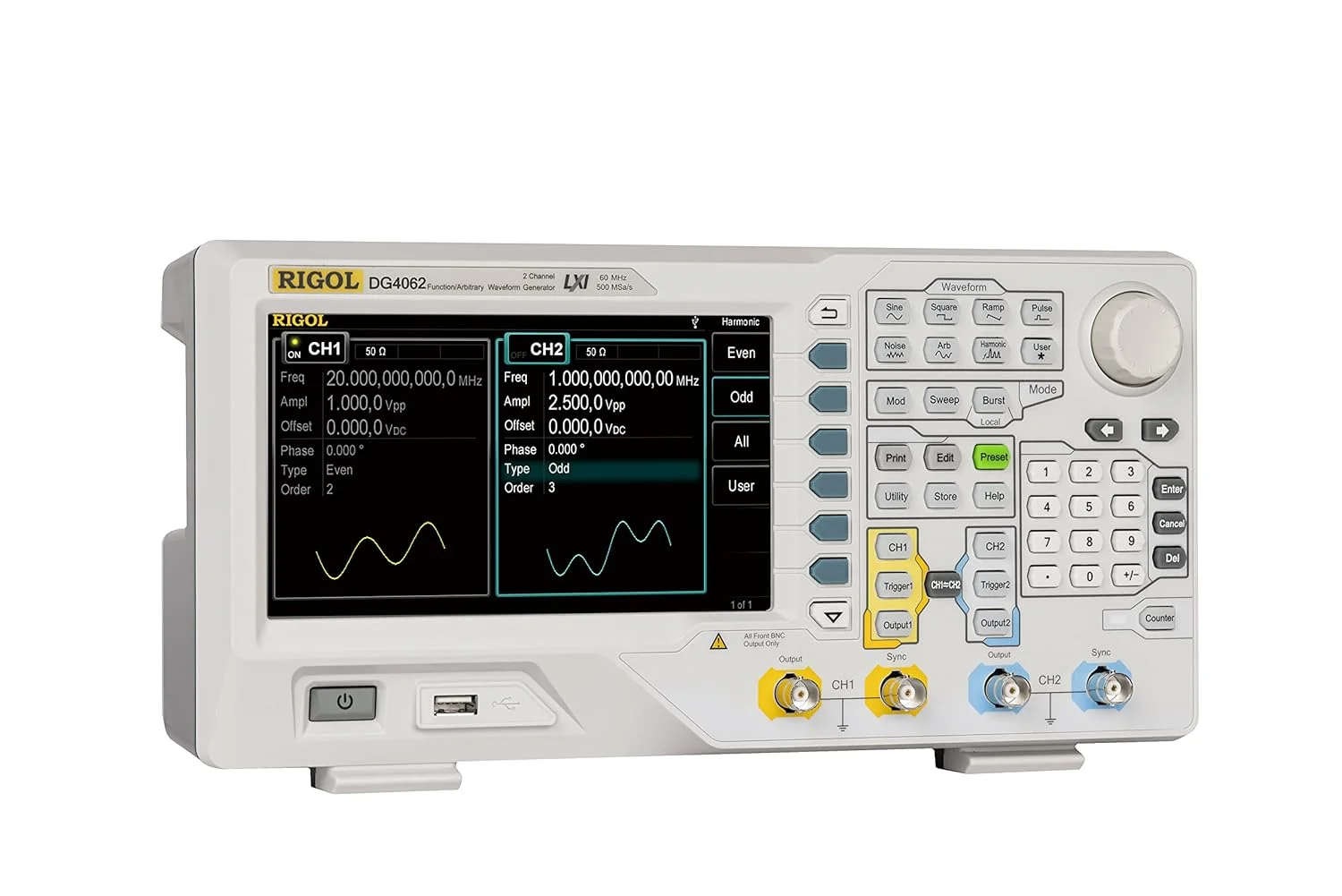 RIGOL DG4062 2-Channel Waveform Generator 60MHz 500Msa/s 7-inch WVGA Large Screen Accurate Measurement