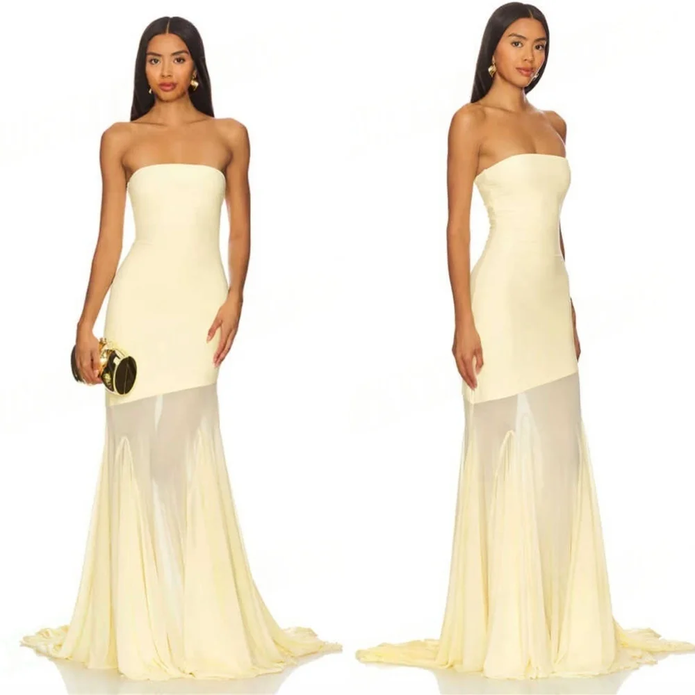 

Customized Romantic Yellow Chiffon Evening Dresses Formal Strapless Sleeveless Homecoming Dresses Fashion Celebrity Gowns