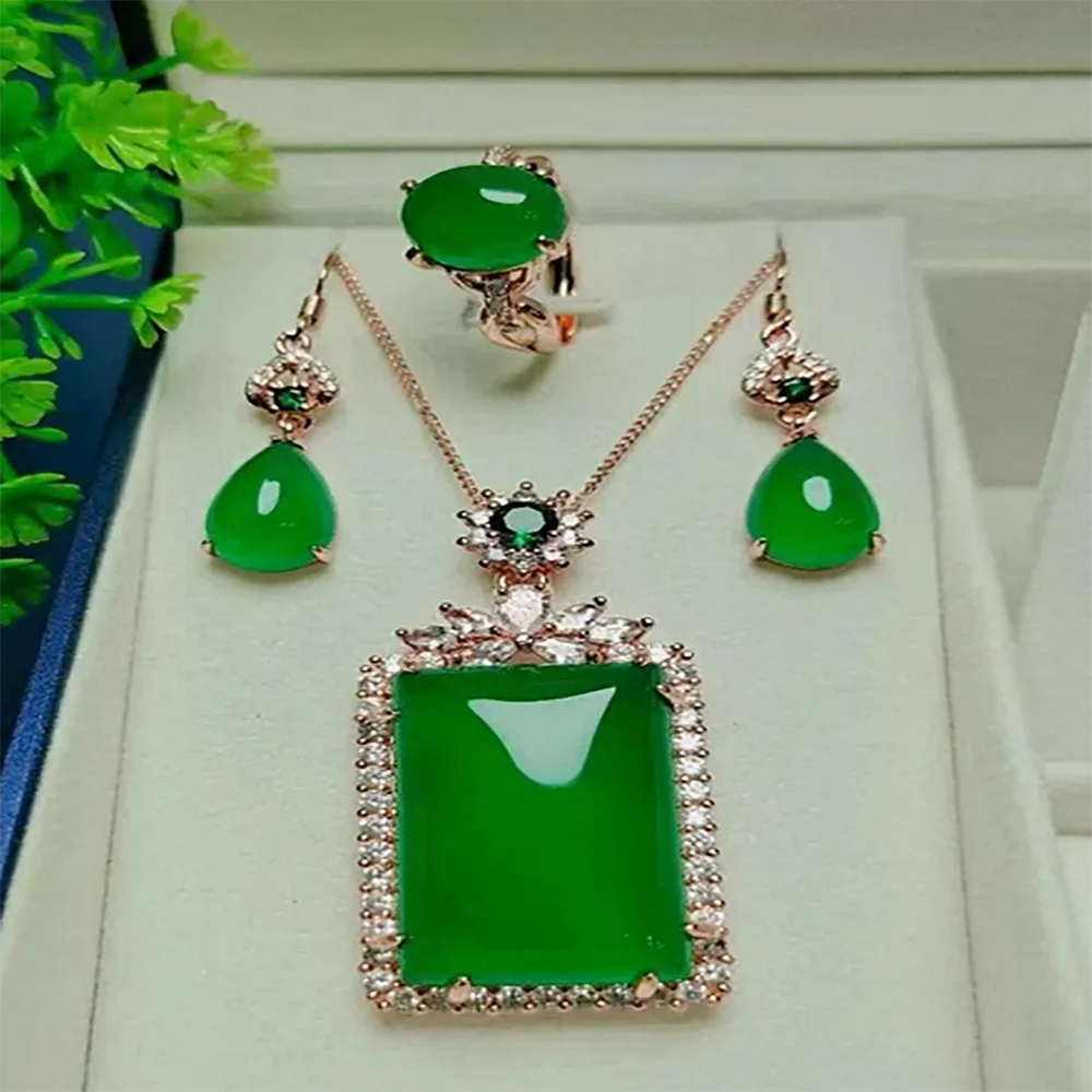 Green chalcedony inlaid with Ping An Wu brand luxury three piece set