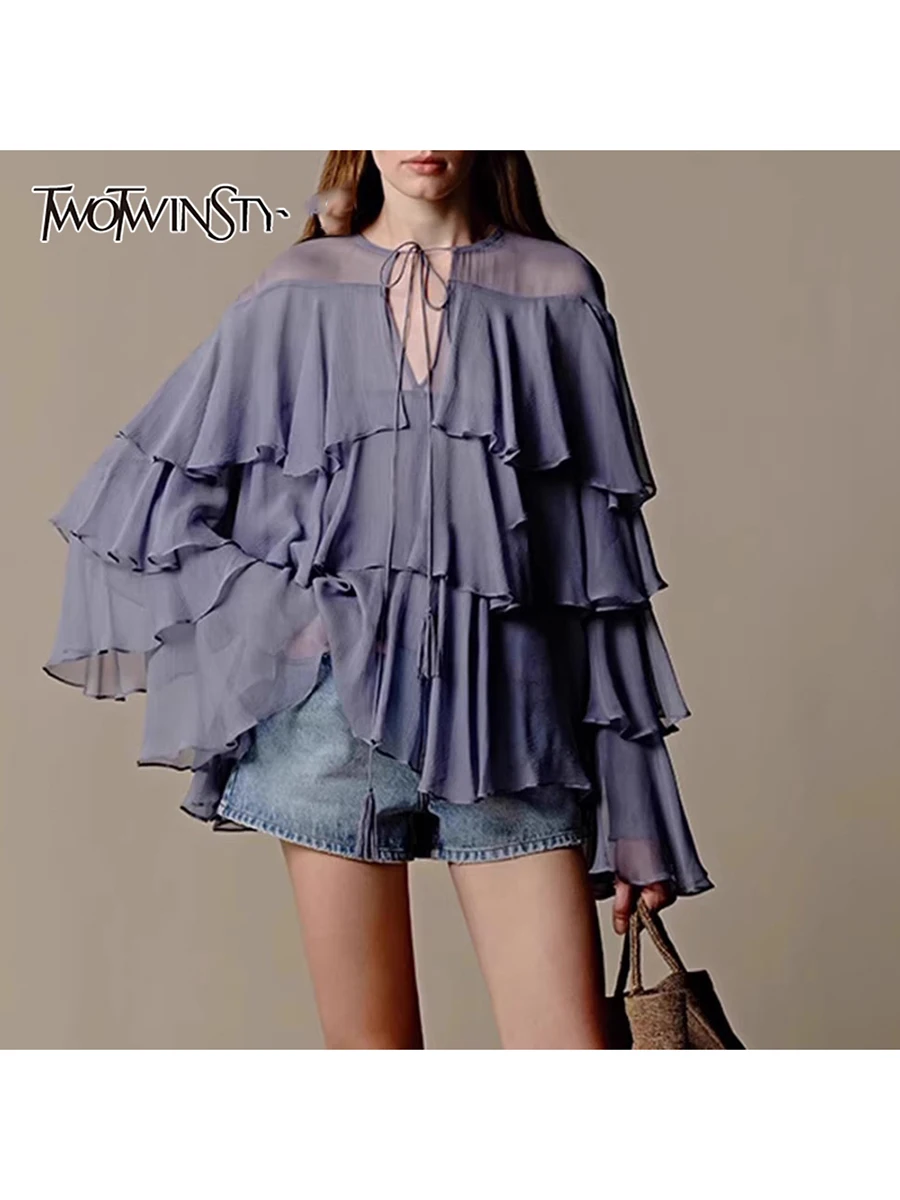 

TWOTWINSTYLE Loose Sheer Spliced Ruffles Causal Blouses for Women Round Neck Long Sleeves Patchwork Lace Up Blouse Female New