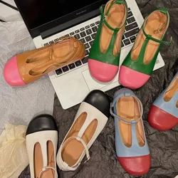 Women Shoes Genuine Leather Ballerina Flats Big Toe T-Strap Comfort Ballet Shoes Spring Summer Female Candy Color Soft Mary Jane