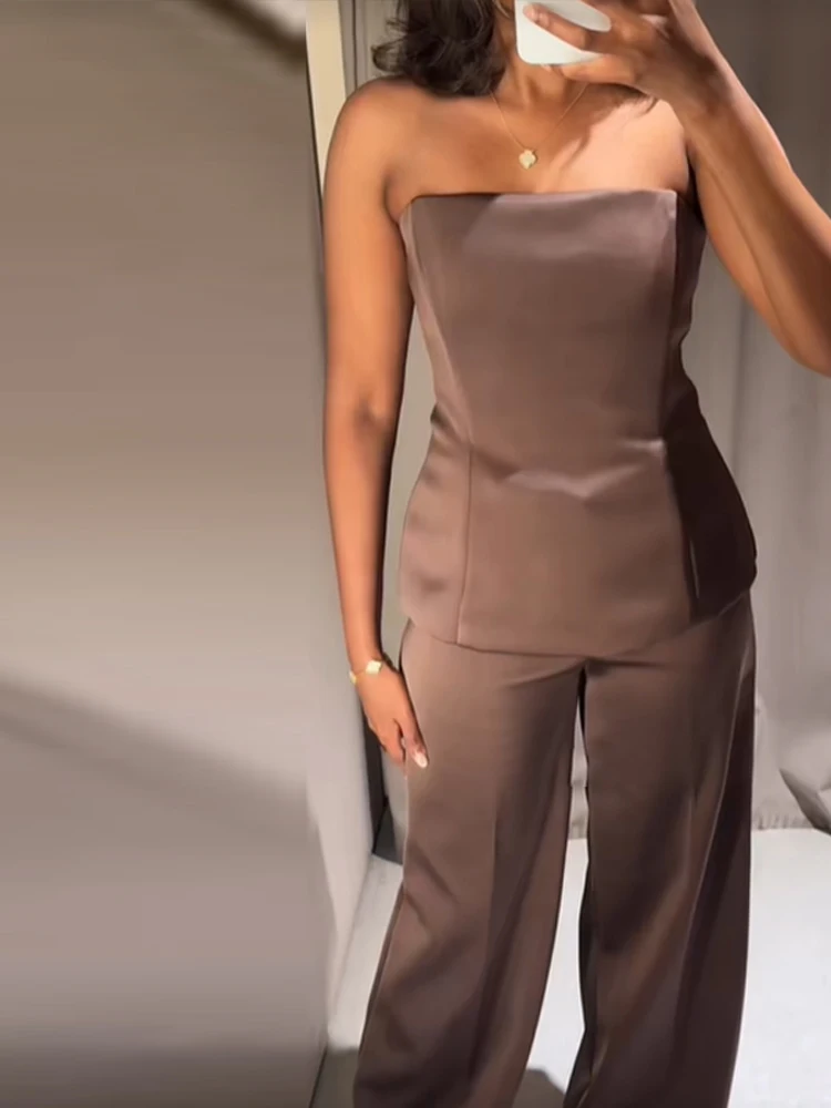 

Female Slim Fit Sexy Off Shoulder Satin Top Autumn Exquisite Loose Fit Pants Elegant Trendy Comfortable Vacation 2 Piece Outfits