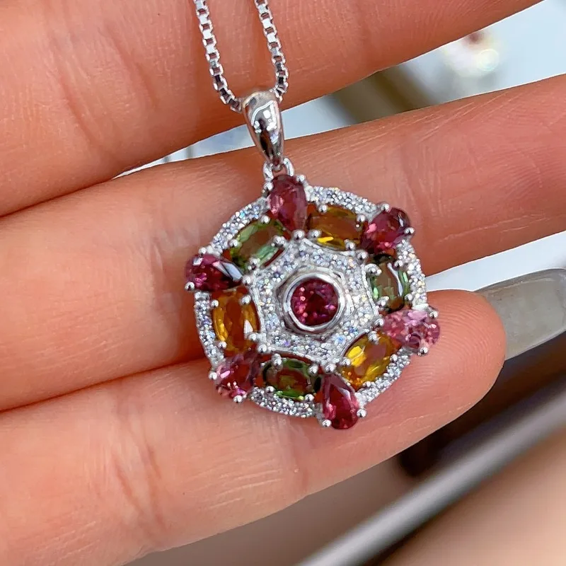 SACEGEMS 925Sterling Silver Certified 3*5MM Natual Tourmaline Pendant Necklaces for Womne Engagement Cocktail Party Fine Jewelry