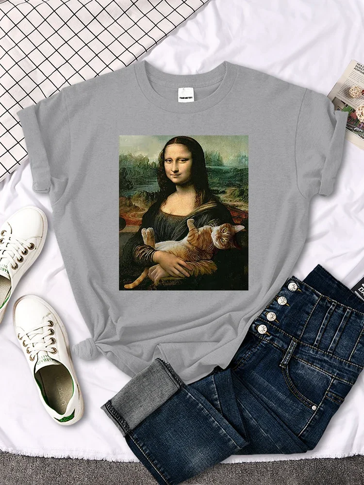 Mona Lisa T Shirts Funny Cat Lovely Cute Printed T-Shirt for Women\'S Crewneck Gothic Women Tshirt Casual Oversize Tee Shirts