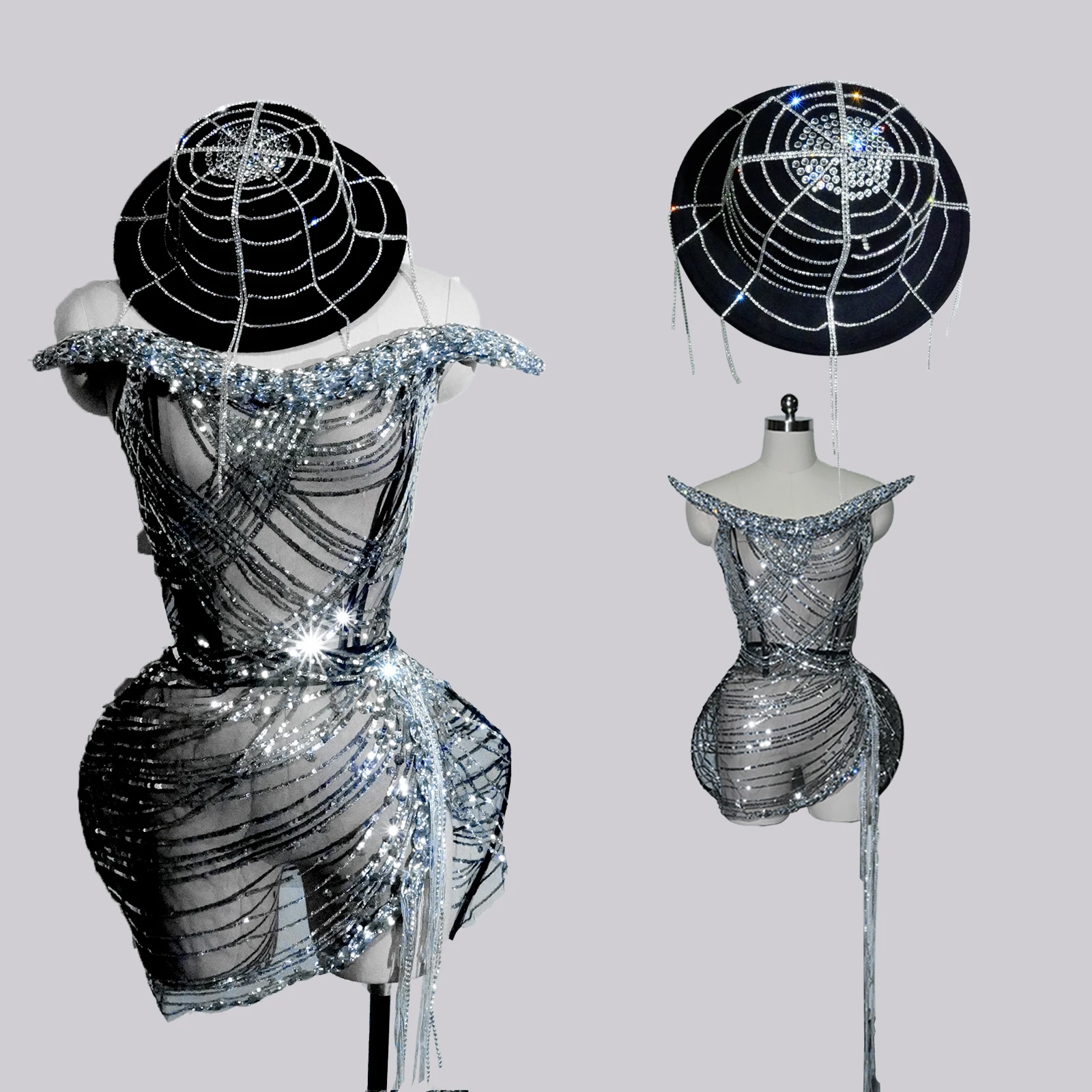 

Dancers Outfits Glitter Crystal Black Hat 2 Piece See-through Tassels Skirts NightClub Beyonce Costume Performance Stage Clothes