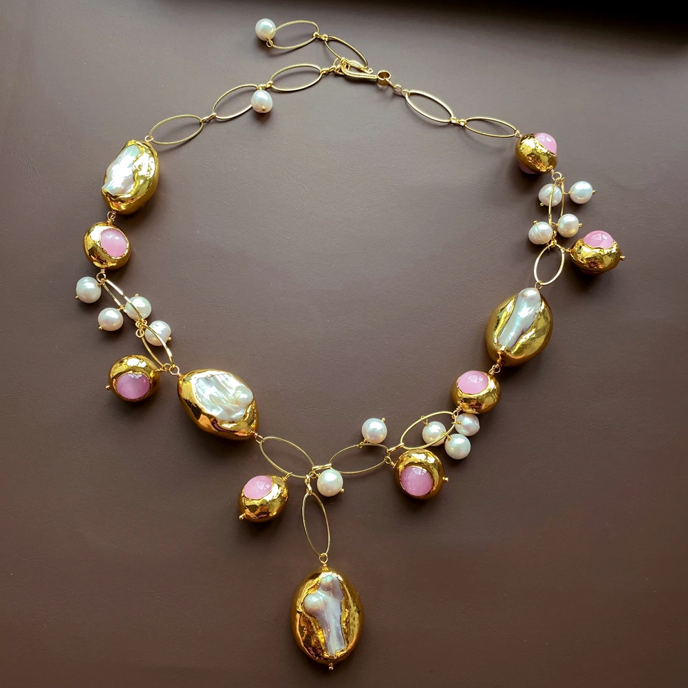 Y·YING White Shell Pearl Gold Plated Pink Cat Eye Hollow Link Chunky Necklace Luxury Women Party Jewelry Gift