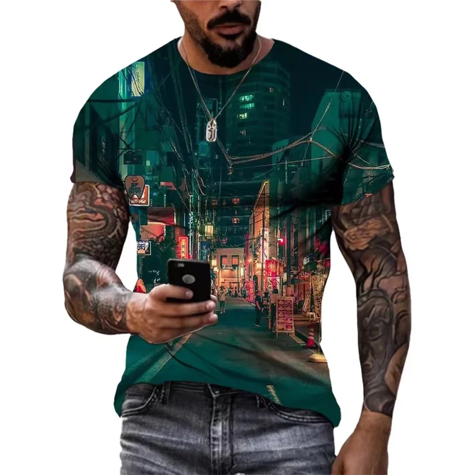 Summer Fashion Casual City Street Scene Printing T-shirts Men Casual Trend Hip Hop Harajuku Round Neck Short Sleeve Tees Tops