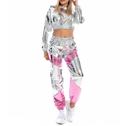 Hip-Hop Street Dance Clothes Rave Outfit Women's Sets Jazz Dancewear Sweatshirt Crop Tops Hihg Waist Pants Catwalk Show Costume