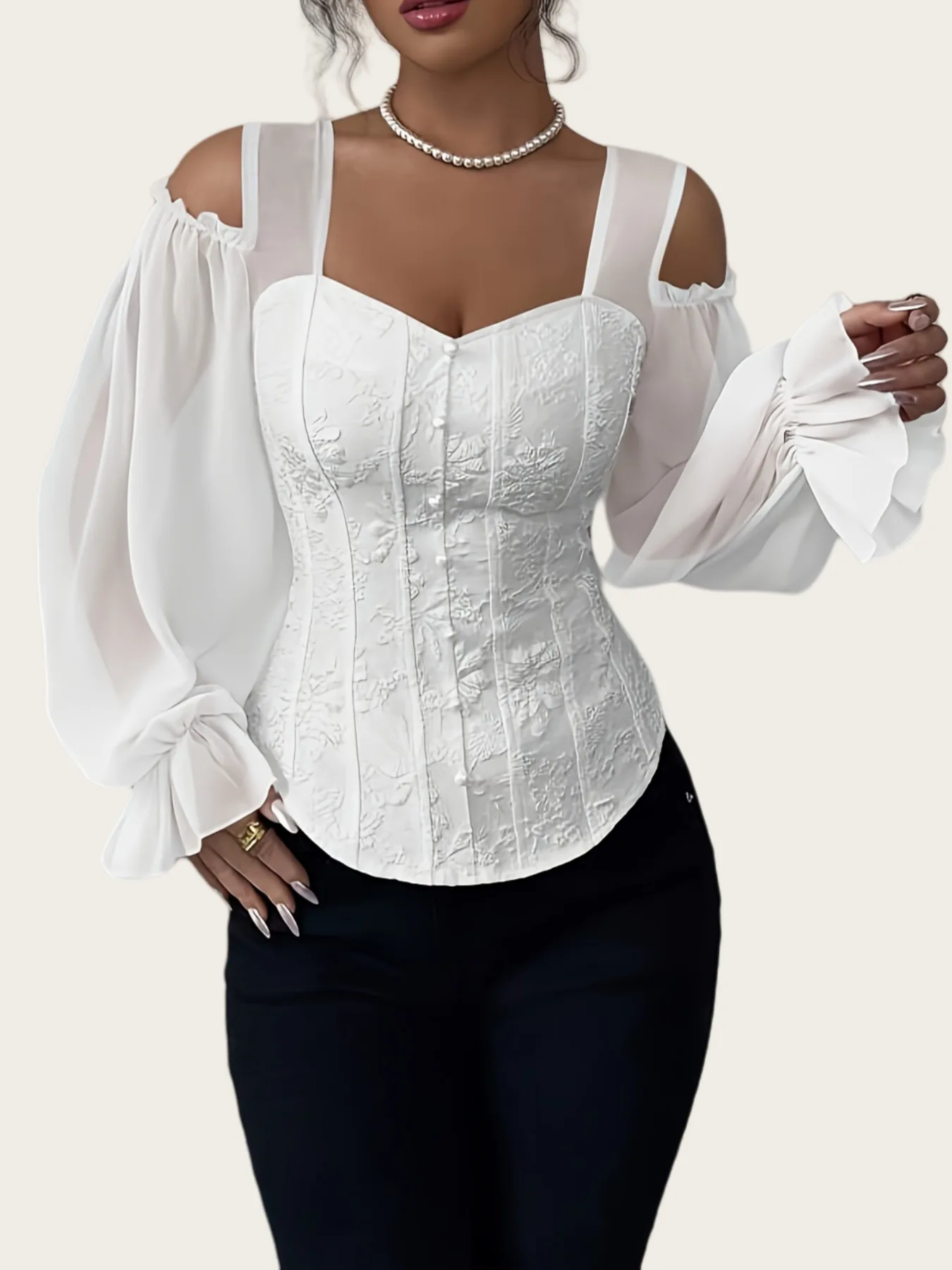 

Elegant Square Neck Asymmetrical Floral Jacquard Shirt Women Slim Long Sleeve Off Shoulder Blouse