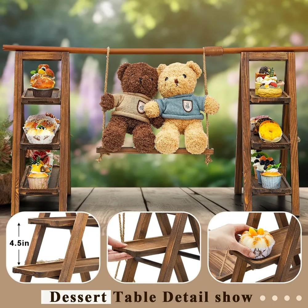 

Wooden Double 3 Tier Serving Tray Ladder Stand with Serving Platter Tray Party Food Display Set