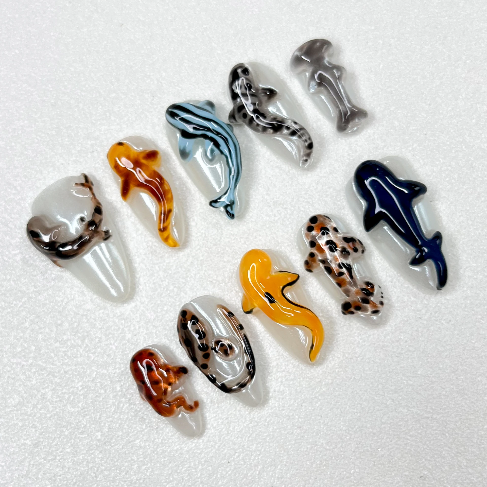 New Ocean Shark Series Nail Art False Nails 3D Handmade Almond Length Mandarin Duck Animal Series Press on Nails