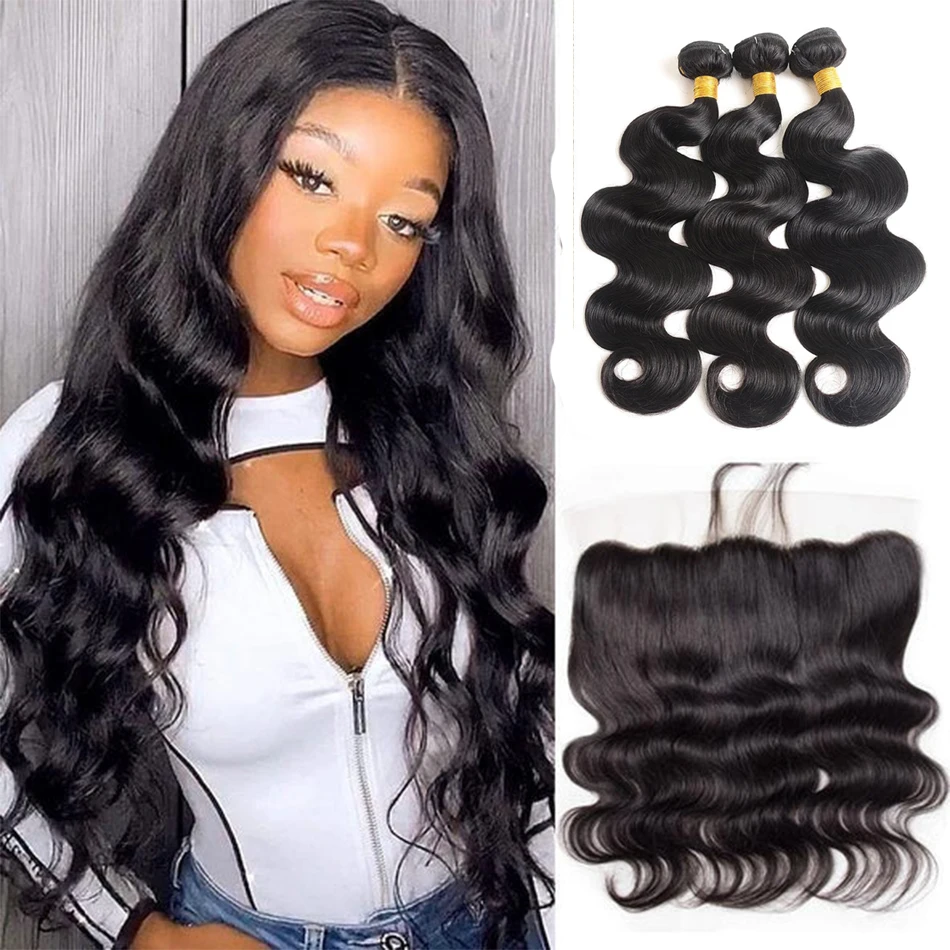 

Human Hair Bundles With Frontal Body Wave Brazilian Remy Virgin 3 Bundles With 13x4 HD Lace Frontal Human Hair Weave Extensions