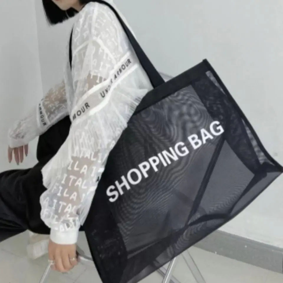 Borsa per la spesa del centro commerciale trasparente in nylon filato netto di grande capacità borsa a tracolla singola in tessuto netto per yoga