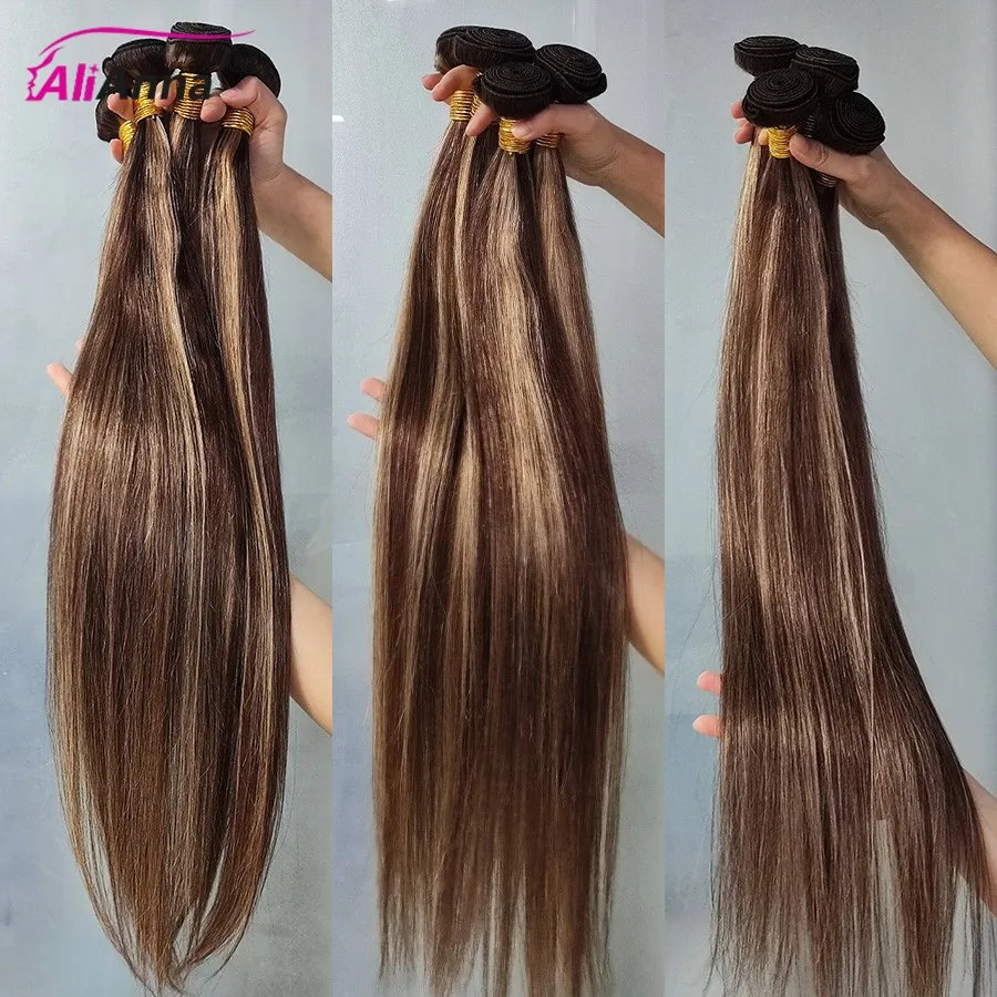 Destaque pacotes de cabelo humano em linha reta pacotes de cabelo cru p4/27 colorido ombre mel loira pacotes extensões de cabelo brasileiro