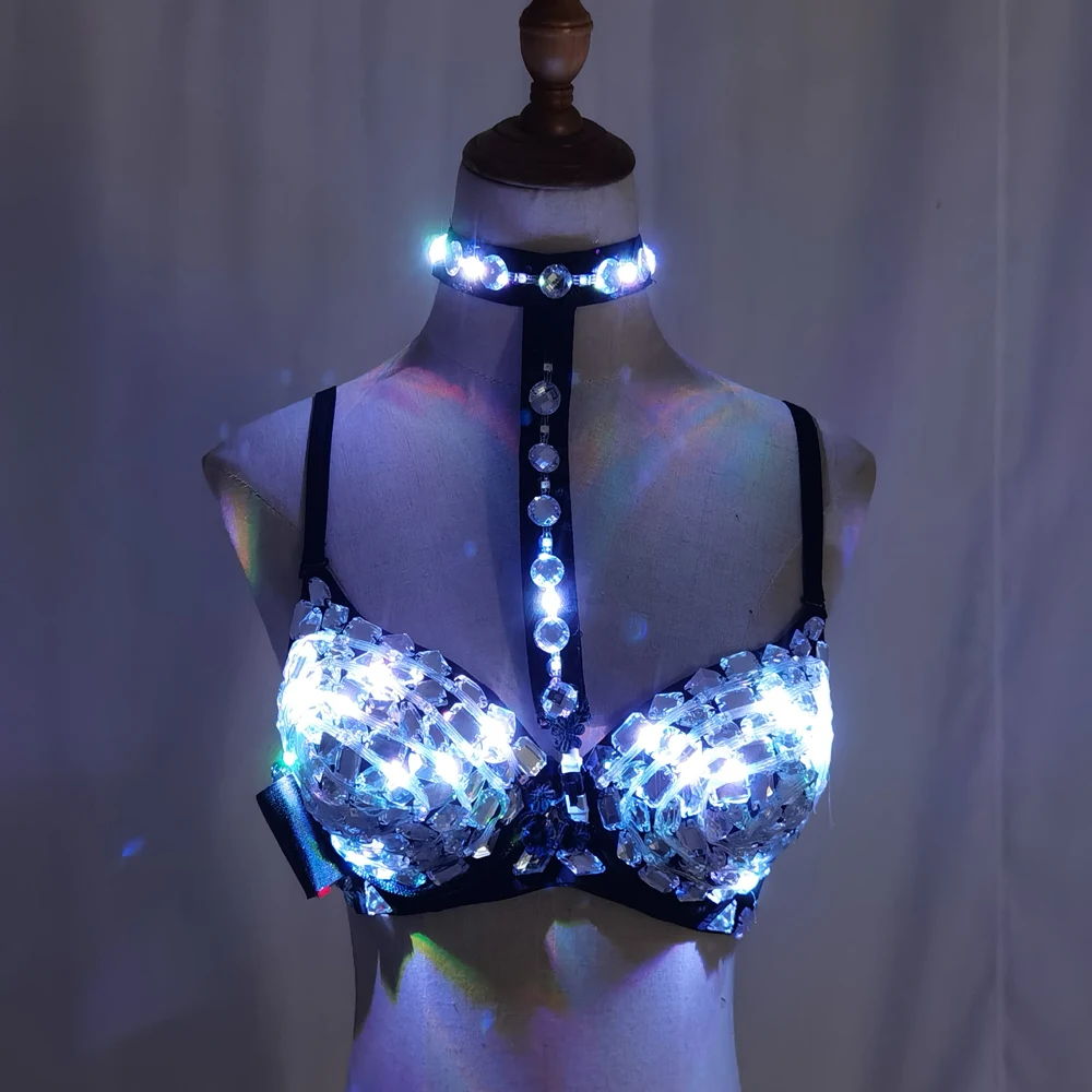 Sexy LED Bra for Women Colorful Flashing Stage Wear Glowing Diamond Underwear for Singers Dancers Punk Club Night Outfits