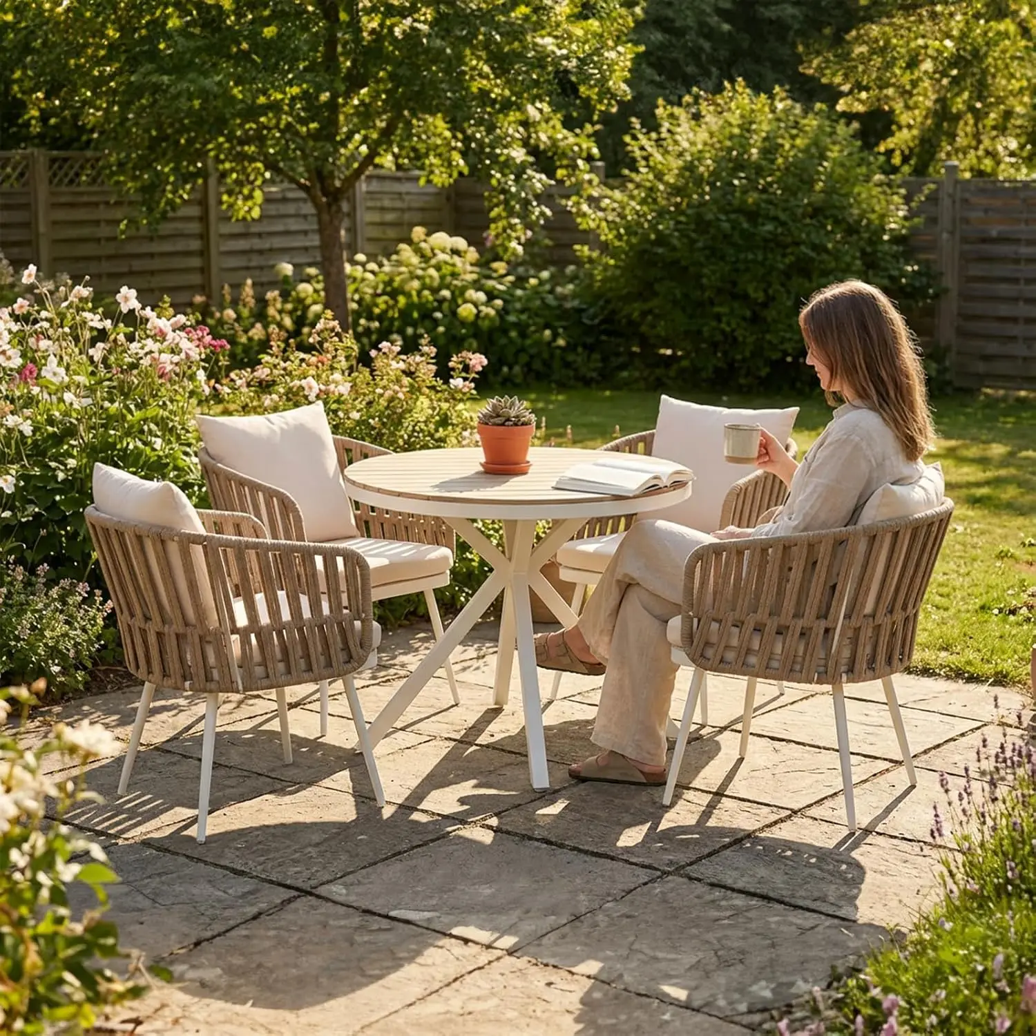 5 Piece Round Patio Dining Set w/Acacia Wood Top Table and 4 Woven Rope Patio Chairs w/Cushions for Backard, Garden, White