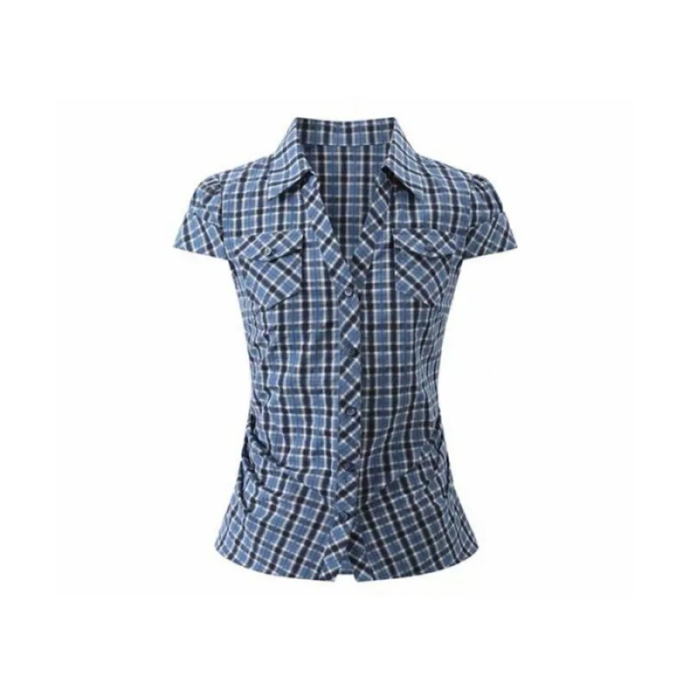 

Temperament Short Blue Grid Shirt Ruffle Streetwear Women Blue Grid Blouse Korean Style Pink Long Sleeve Tops Girls Gift