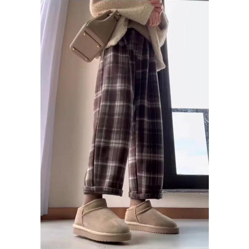 

Женские повседневные клетчатые брюки больших размеров с высокой талией, широкие шерстяные брюки прямого кроя Harlan, осенняя модная женская одежда