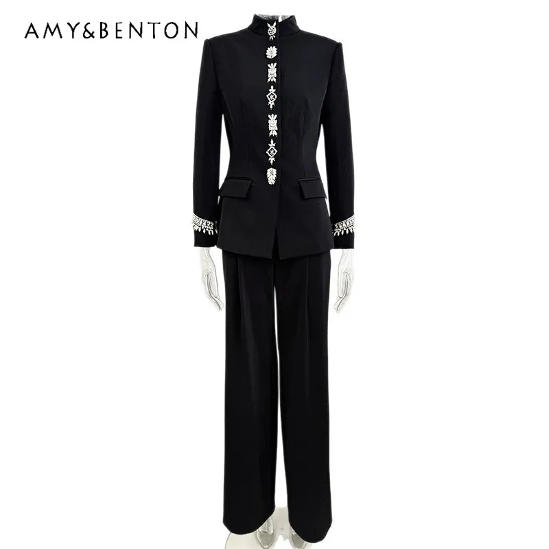 

2026 Spring Autumn Women's Pants Set European American Heavy Industry Bead-encrusted Diamond Stand-up Jacket Pants Sets Ladies