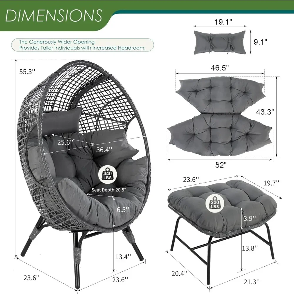 Patio Egg Chair with Ottoman, Indoor Outdoor Half-Egg Lounge Chair, Cozy  Round Circle Chair ,  Rattan Egg-Shaped w/Cushion