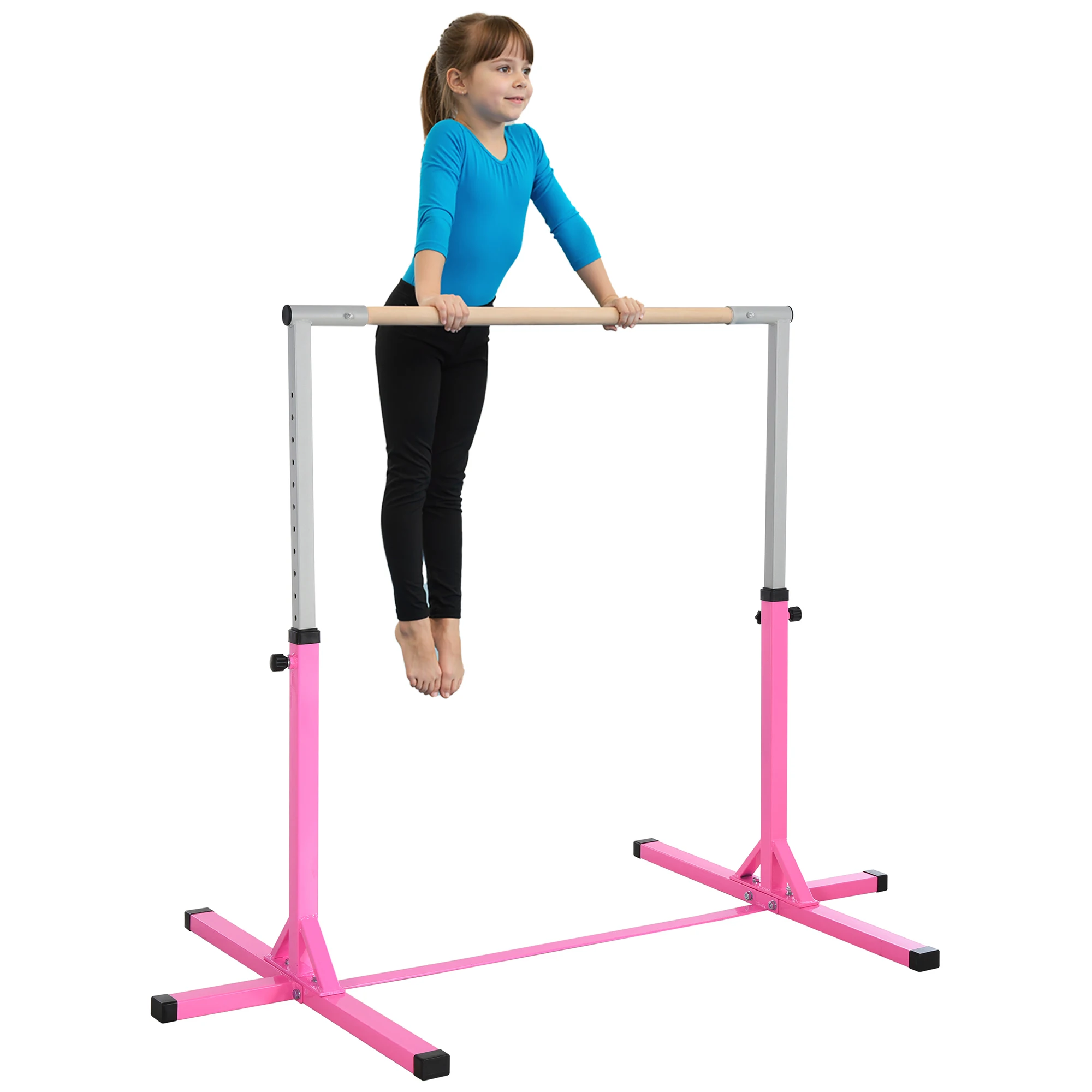 HOMCOM Barre fixe de gymnastique pour enfant, hauteur réglable 13 niveaux de 92-150 cm, en acier et bois en hêtre, barre de gym