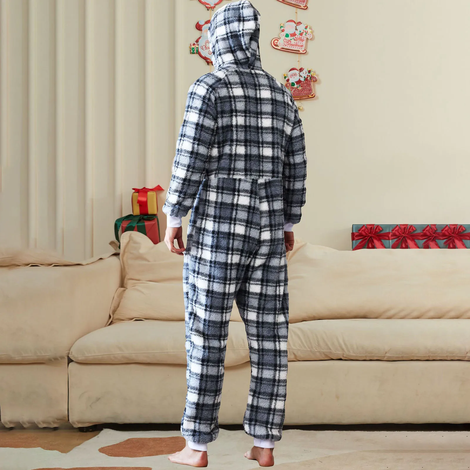 Macacão com capuz masculino, pijama de lã reversível, roupa de dormir xadrez, manga longa, gola V, macacão com zíper, loungewear, quente, outono, inverno