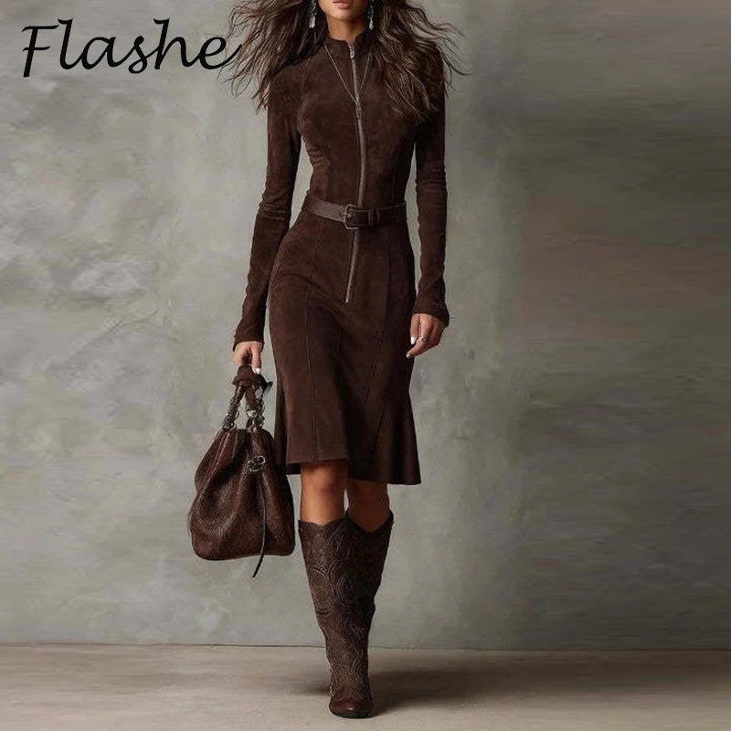 Nouvelle Robe de Soirée Élégante à Manches Longues et Fermeture Éclair, Style Tendance, pour Femme, Automne Hiver, Robe Midi Chic pour le Bureau