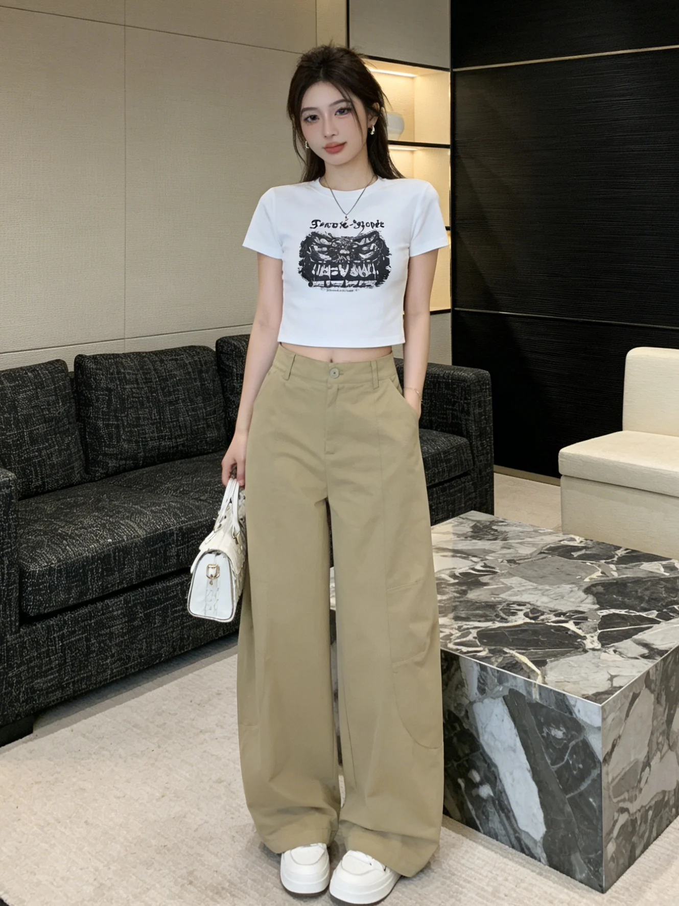 

High Waist Loose Fit Khaki Women's Casual Wide Leg Workwear Trousers Spring New Sle Elastic Waist Knife Pants