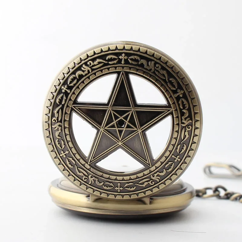 ใหม่ Pentagram Flap อัตโนมัตินาฬิกาพ็อกเก็ตสําหรับผู้ชายผู้หญิง Steampunk Retro Bronze Pocket & Fob Chain นาฬิกา Relógio