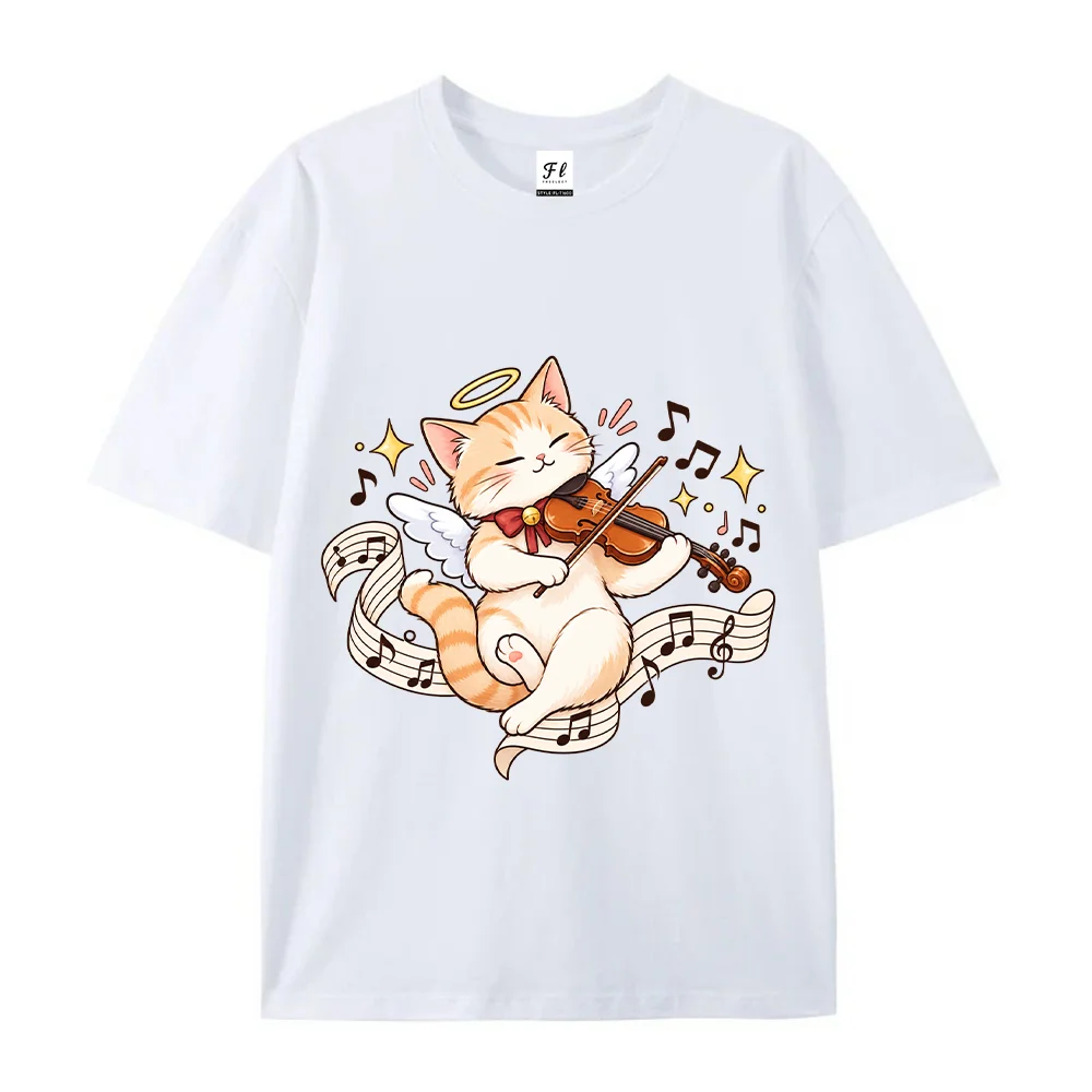 Women Cute Angel Cat Violin T Shirt Playing Musical Notes Graphic White Loose Cotton Short Sleeve Tops Kawaii Aesthetic