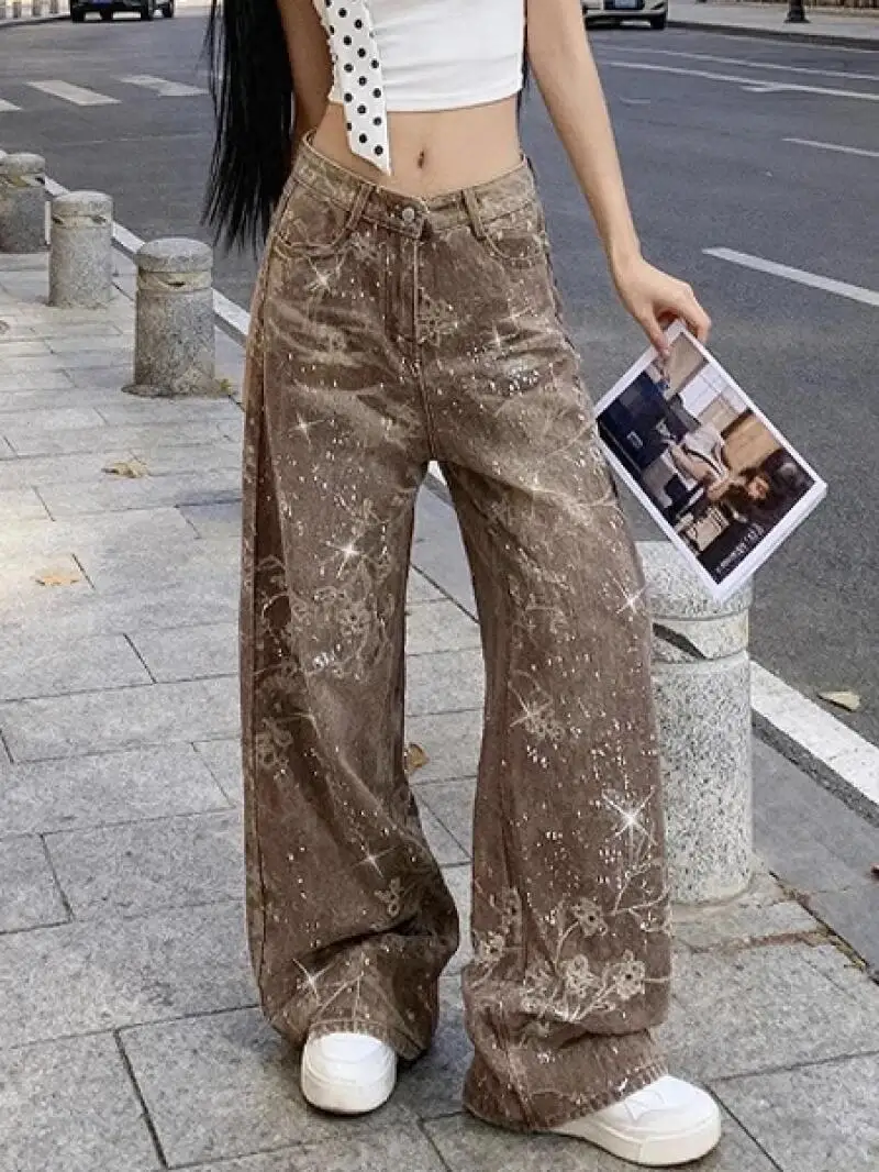 Y2K Wide Leg Pants Women Spring Autumn Starry Sky High Waist Hot Diamond Loose Versatile Curved Knife Floor Dragging Jeans