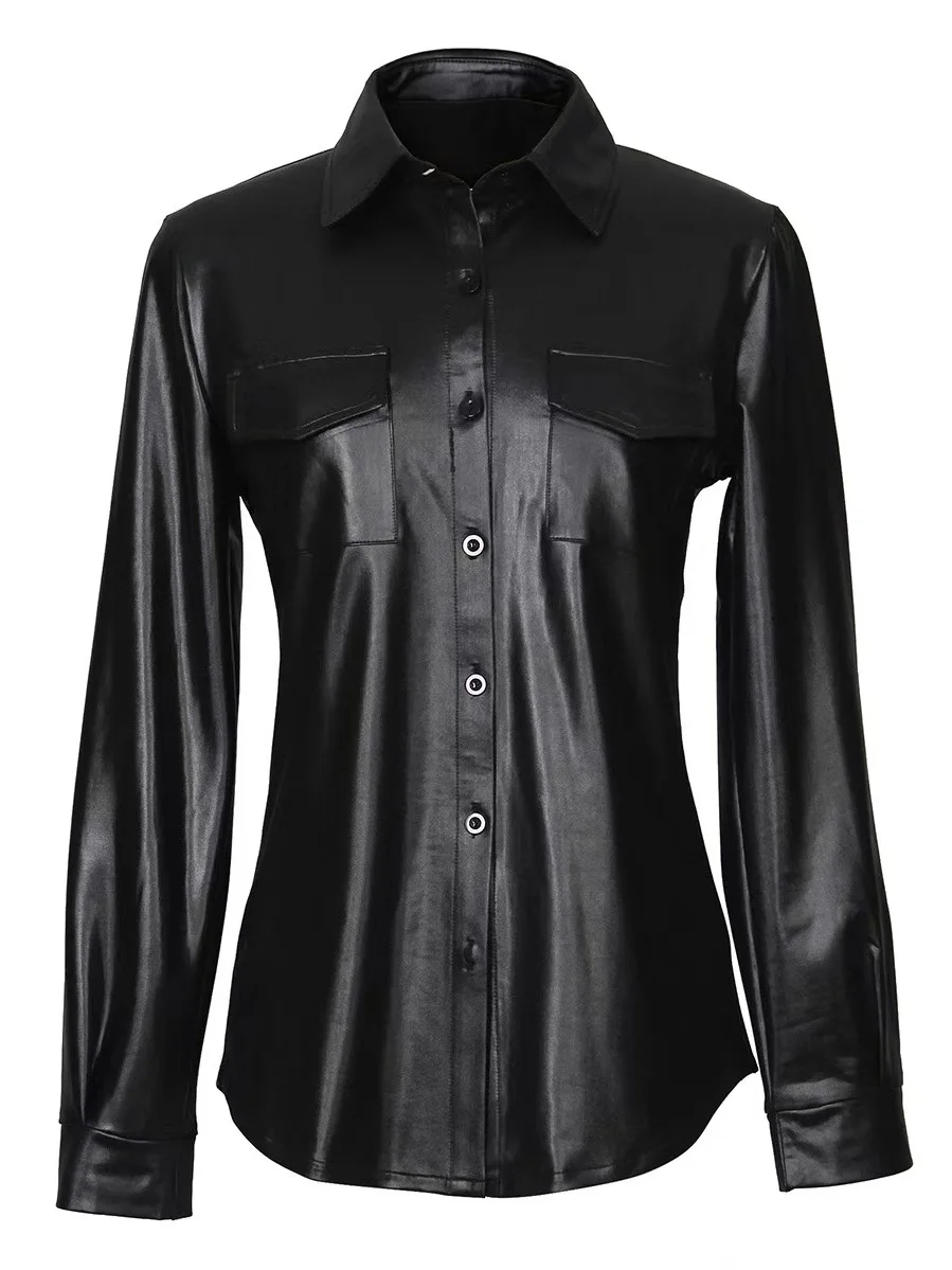 Femmes longue Sve PU cuir irt Jaet confortable coupe ample Faionable décontracté Sle avec poitrine ket tissu Polyester