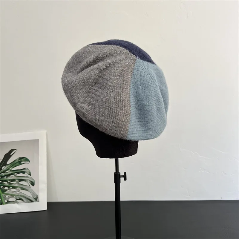 Japanese Personalized Three-color Splicing Knitted Large Beret Women Autumn and Winter Warm Literary Retro Octagonal Pumpkin Hat