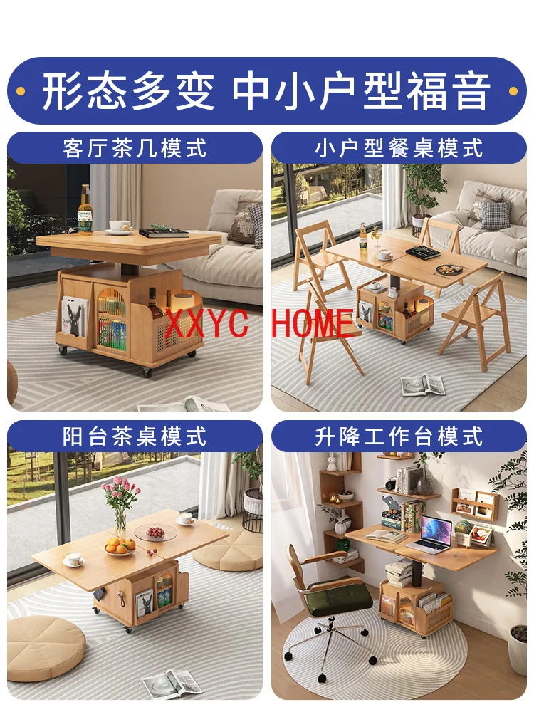 Solid Wood Mobile Foldable and Hoisting Coffee Table Dual-Use Tea Table Living Room Home