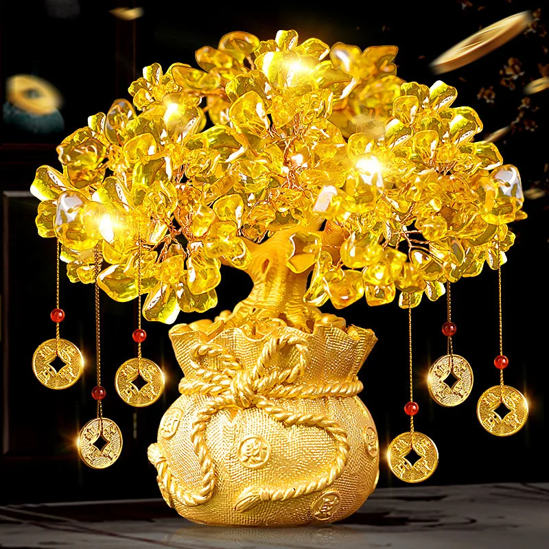 Chinese Feng Shui Lucky Fortune Money Tree Home Decoration Ornament Yellow Crystal Bonsai Wealth Crafts Gift Desktop Decor