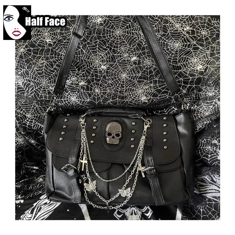 Y2K Spicy Girls Harajuku Gothic Punk Skeleton Head Chain Locomotive Subculture One Shoulder Lolita Women's Crossbody Bags Tote