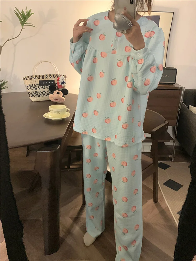 Conjunto de pijama de manga larga con estampado de melocotón para mujer, ropa de dormir suave y cálida, estilo femenino, Otoño e Invierno