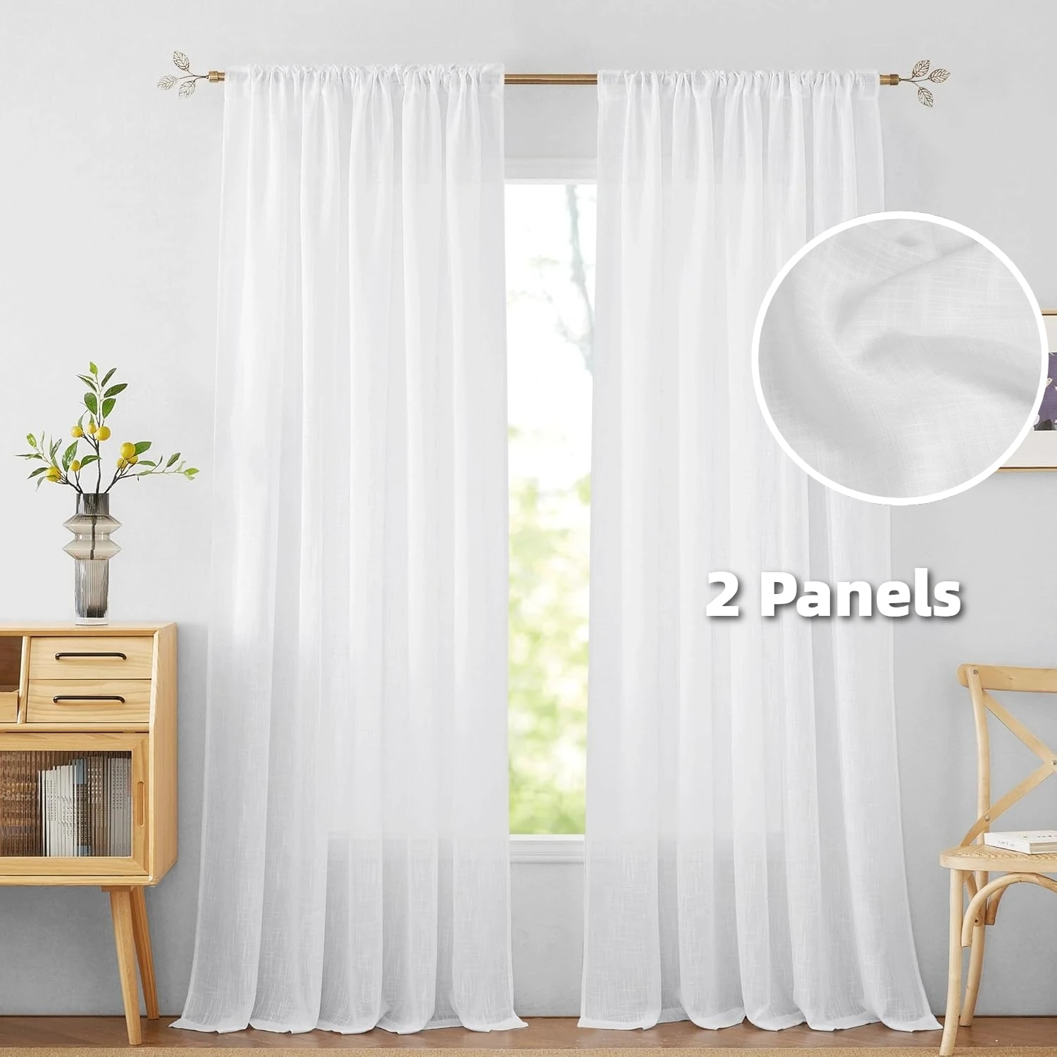 2-teilige Halbtransparente Vorhänge mit Leinen-Textur, Lichtfilternde Durchsichtige Gardinen für Schlafzimmer, Wohnzimmer und Terrasse