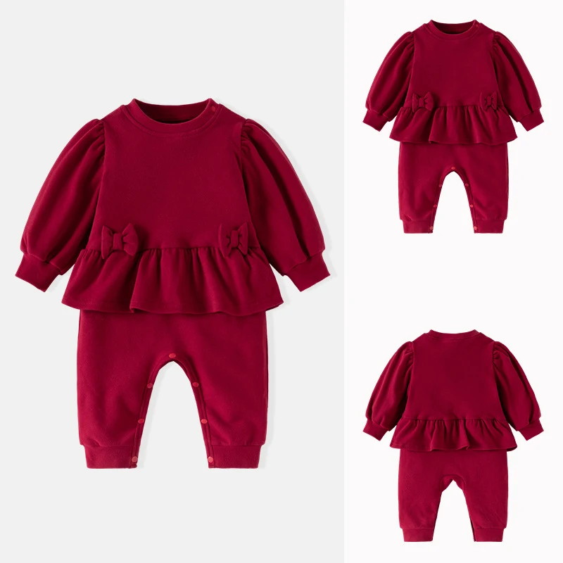 

Autumn Winter 0-1Y Baby Girls Rompers Solid Color Thicken Newborn Girls Jumpsuits Bow Applique Toddler Girls Bodysuits Overalls
