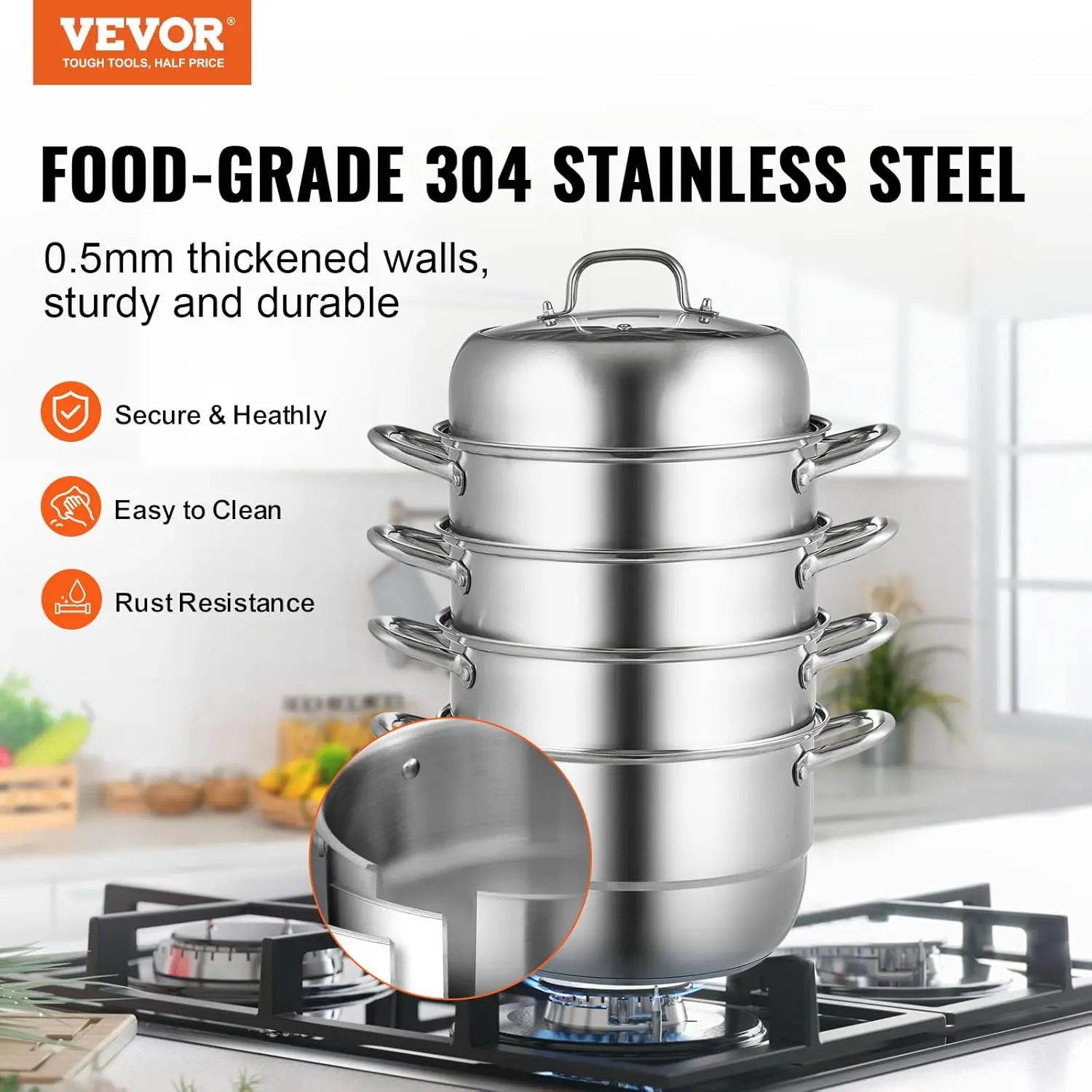 Steamer Pot 11in/28cm, 5 Tier Steamer Pot for Cooking with 8.5QT Stock Pot, 3 Vegetable Steamers & 2 Steaming Trays