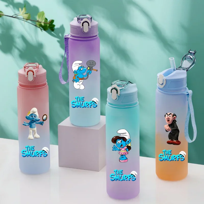 750ML Smurfs Season Cartoon Plastic Gradient Water Bottle Portable Large Capacity Water Bottle Outdoor Travel Sports Water Cup